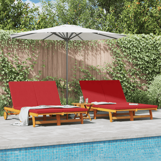 Transat Double en Bois d'Acacia Massif Robuste avec Roues et Coussin