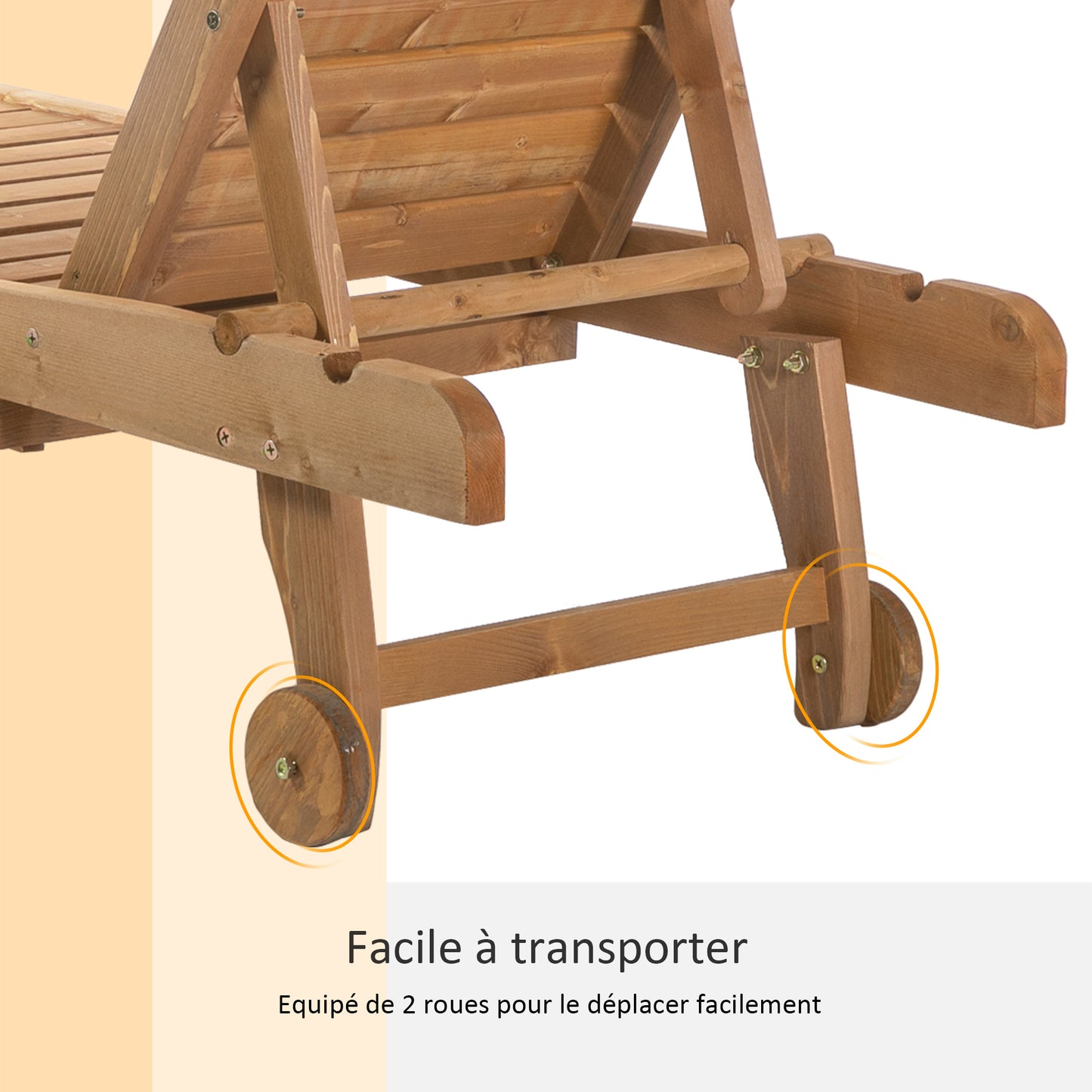 Chaise longue réglable à 3 positions en style colonial, avec roulettes et plateau en bois pré-huile, en épinette