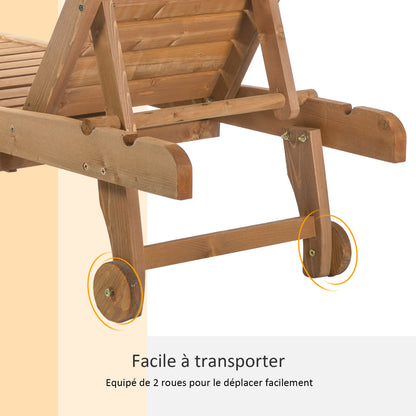 Chaise longue réglable à 3 positions en style colonial, avec roulettes et plateau en bois pré-huile, en épinette