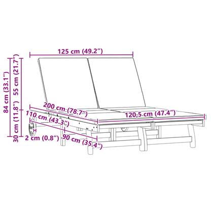 Transat Double en Bois d'Acacia Massif Robuste avec Roues et Coussin