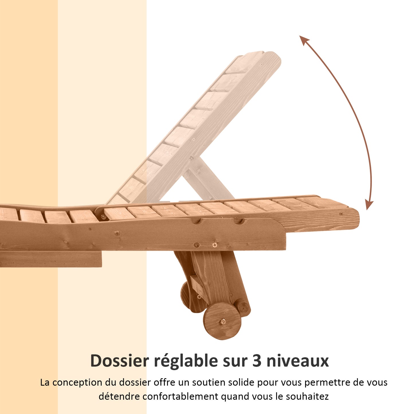 Chaise longue réglable à 3 positions en style colonial, avec roulettes et plateau en bois pré-huile, en épinette