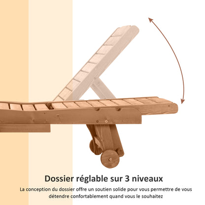 Chaise longue réglable à 3 positions en style colonial, avec roulettes et plateau en bois pré-huile, en épinette