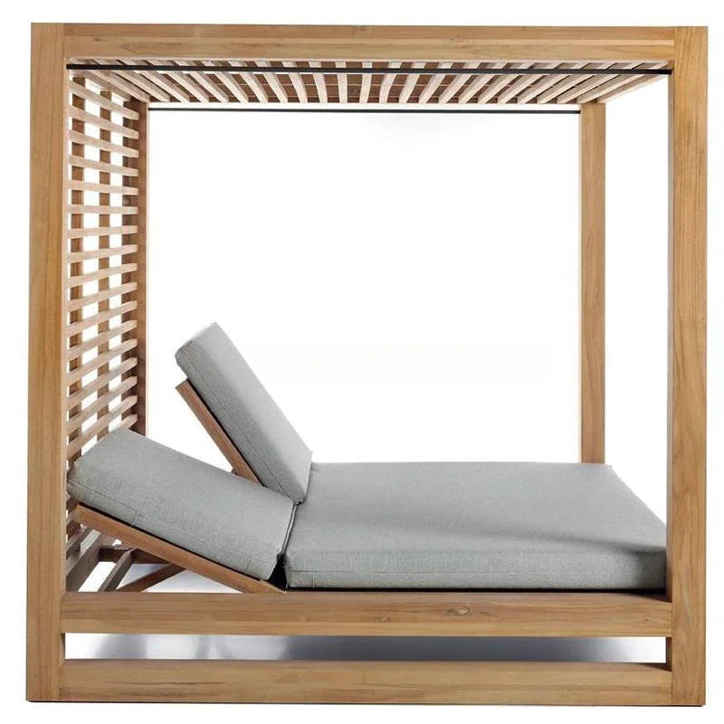 Meubles de luxe de Style moderne, chaise carrée au bord de la piscine, auvent d'extérieur, lit de repos en bois de teck avec rideaux