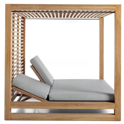 Meubles de luxe de Style moderne, chaise carrée au bord de la piscine, auvent d'extérieur, lit de repos en bois de teck avec rideaux