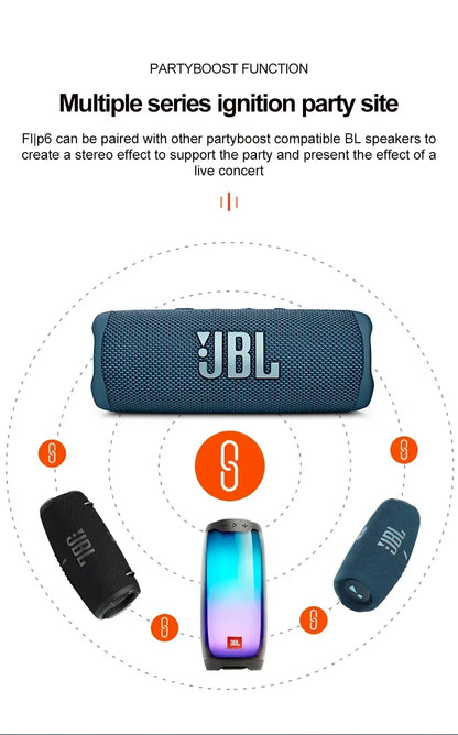 Enceinte Bluetooth sans fil JBL Flip 6 originale, portable et étanche IPX7, pour une utilisation en extérieur. Profitez d'une musique stéréo avec basses profondes et d'un tweeter indépendant.