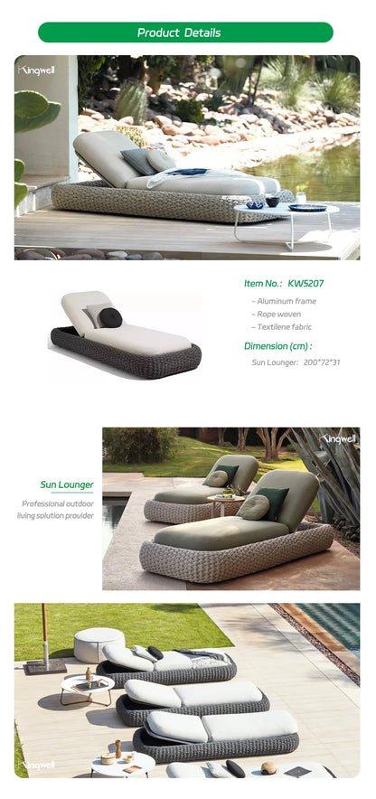 Mobilier de jardin extérieur de loisirs modernes Chaise longue en corde tissée en aluminium pour lit de piscine côté plage Chaise longue