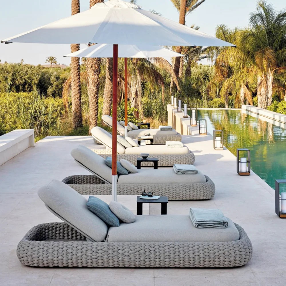Mobilier de jardin extérieur de loisirs modernes Chaise longue en corde tissée en aluminium pour lit de piscine côté plage Chaise longue