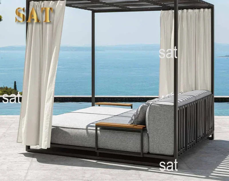 Hôtel plage luxe extérieur Chaise longue Chaise jardin piscine Chaise longue en aluminium rotin Double Chaise de soleil avec auvent