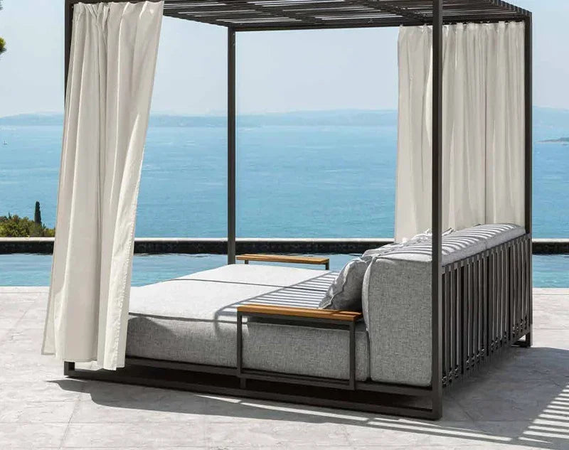 Hôtel plage luxe extérieur Chaise longue Chaise jardin piscine Chaise longue en aluminium rotin Double Chaise de soleil avec auvent