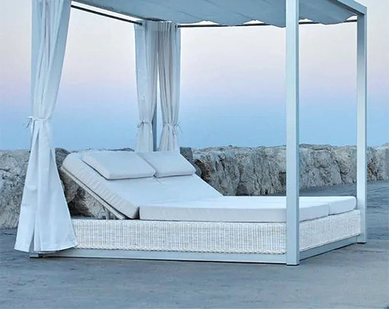 Hôtel plage luxe extérieur Chaise longue Chaise jardin piscine Chaise longue en aluminium rotin Double Chaise de soleil avec auvent