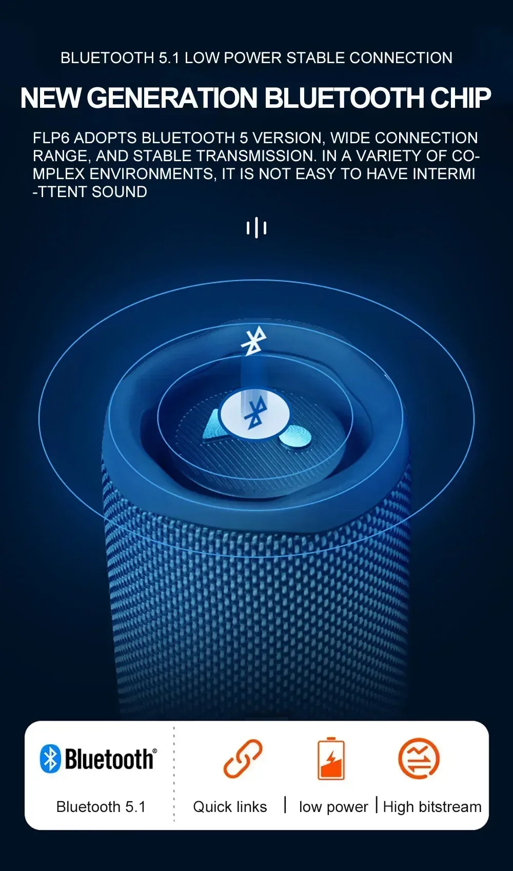 Enceinte Bluetooth sans fil JBL Flip 6 originale, portable et étanche IPX7, pour une utilisation en extérieur. Profitez d'une musique stéréo avec basses profondes et d'un tweeter indépendant.