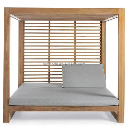 Meubles de luxe de Style moderne, chaise carrée au bord de la piscine, auvent d'extérieur, lit de repos en bois de teck avec rideaux