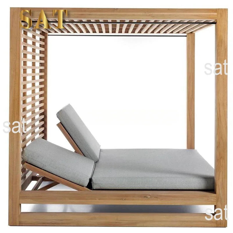 Meubles de luxe de Style moderne, chaise carrée au bord de la piscine, auvent d'extérieur, lit de repos en bois de teck avec rideaux