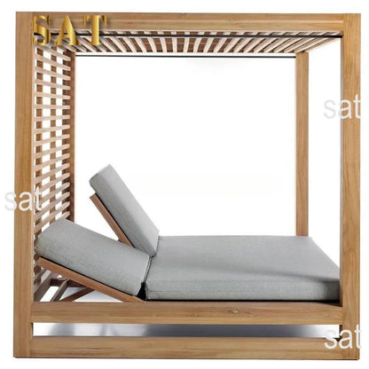 Meubles de luxe de Style moderne, chaise carrée au bord de la piscine, auvent d'extérieur, lit de repos en bois de teck avec rideaux