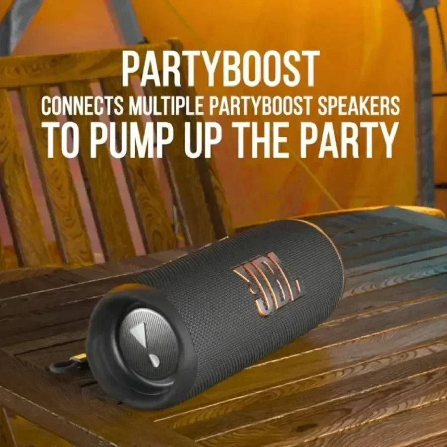 Enceinte Bluetooth sans fil JBL Flip 6 originale, portable et étanche IPX7, pour une utilisation en extérieur. Profitez d'une musique stéréo avec basses profondes et d'un tweeter indépendant.