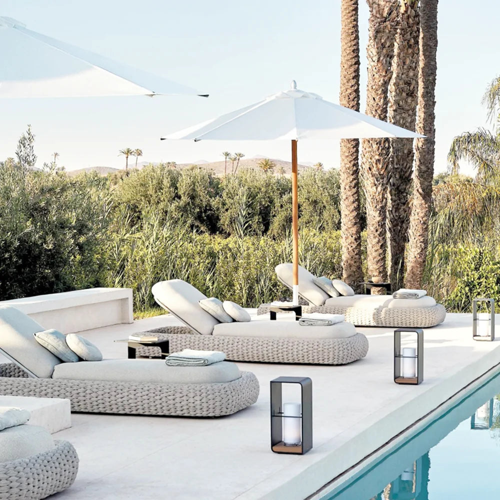 Mobilier de jardin extérieur de loisirs modernes Chaise longue en corde tissée en aluminium pour lit de piscine côté plage Chaise longue