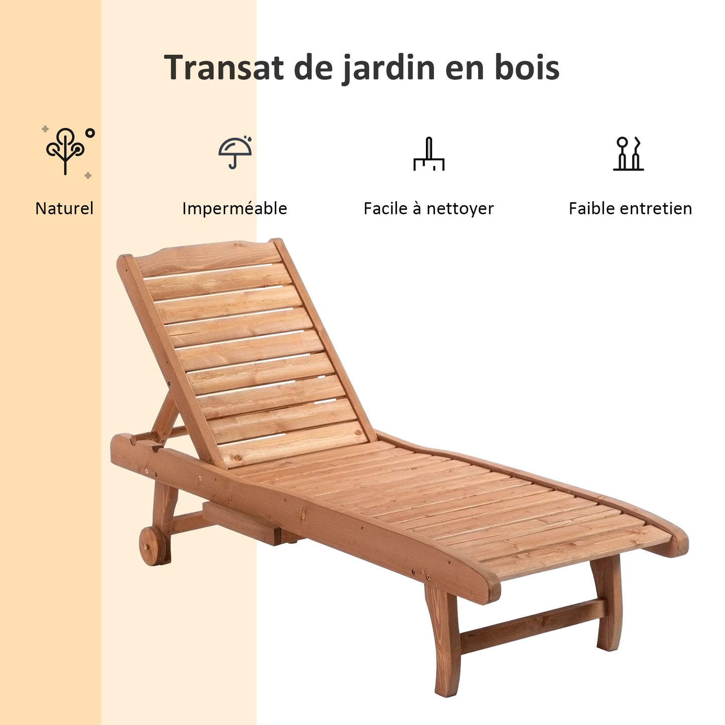 Chaise longue réglable à 3 positions en style colonial, avec roulettes et plateau en bois pré-huile, en épinette